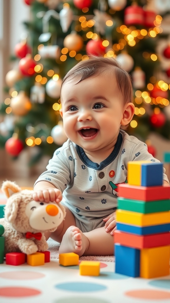 A 7-month-old baby playing with toys on a play mat in front of a decorated Christmas tree.
